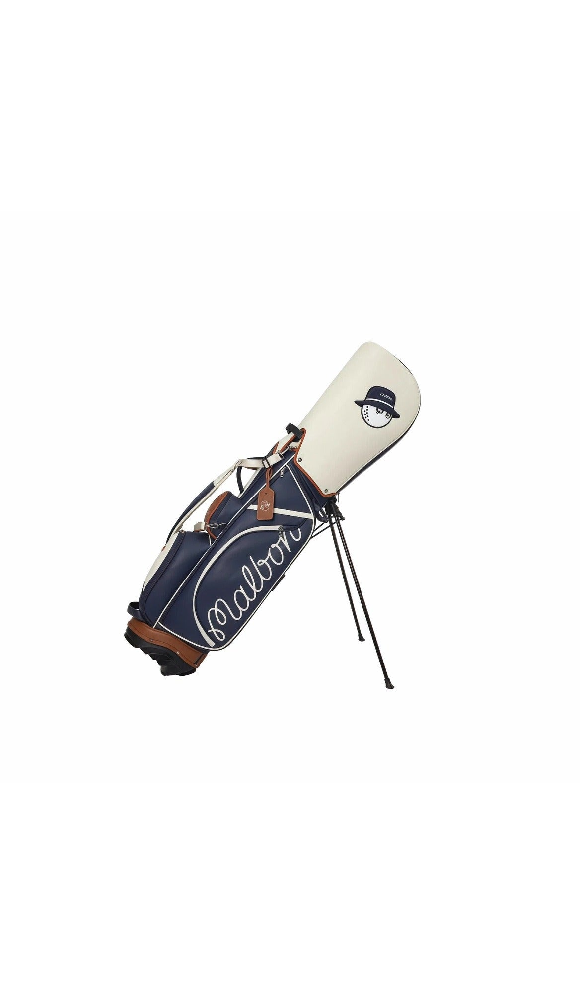 Navy blue and white Malbon golf stand bag displayed with its stand deployed, showcasing its waterproof design, large capacity for clubs and accessories, and the cute cartoon mascot, perfect for easy transport and stylish golfing.