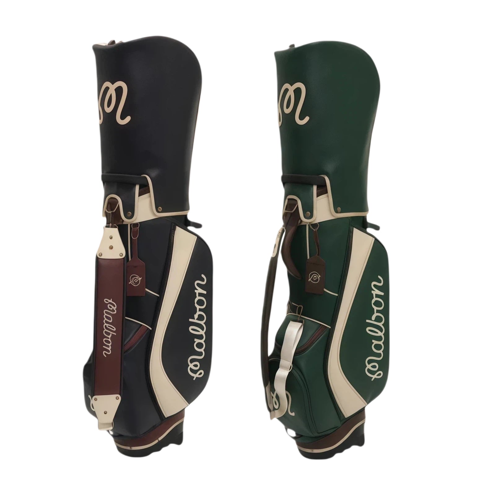 Side-by-side view of Malbon Golf stand bags in black and forest green PU leather, featuring cream accents, brown leather straps, and "Malbon" script logo on the side.