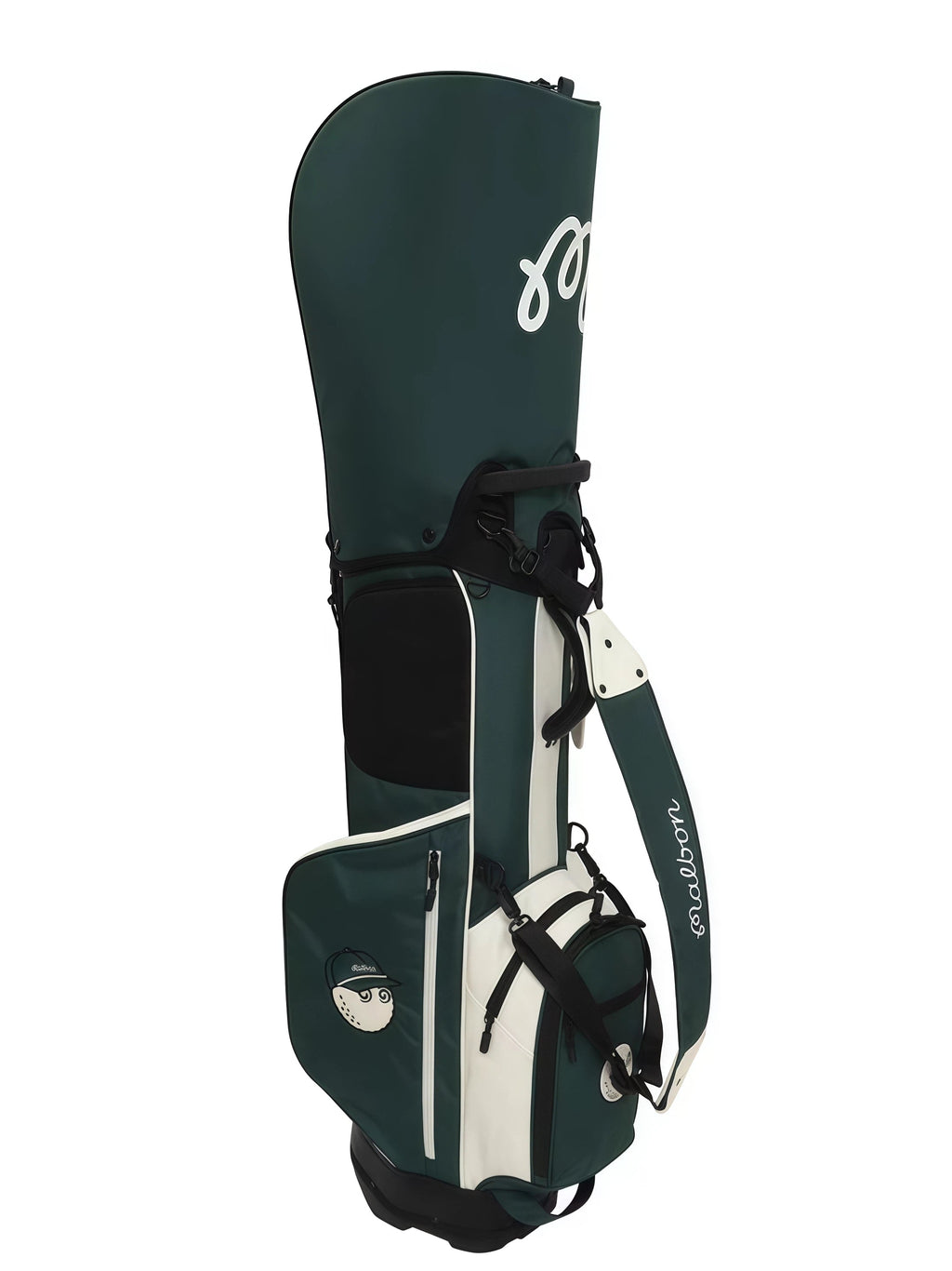 Side view of Malbon Golf stand bag in forest green and white PU leather featuring a cartoon golf ball character wearing a cap, brand tag, and "Malbon" script logo.