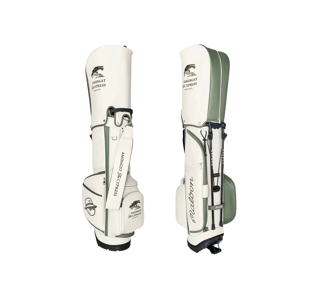 Dual view of Malbon Golf Stand Bag showing both carry mode (with shoulder strap) and stand mode (legs deployed). Features premium PU leather, waterproof finish, and club organizer compartments.
