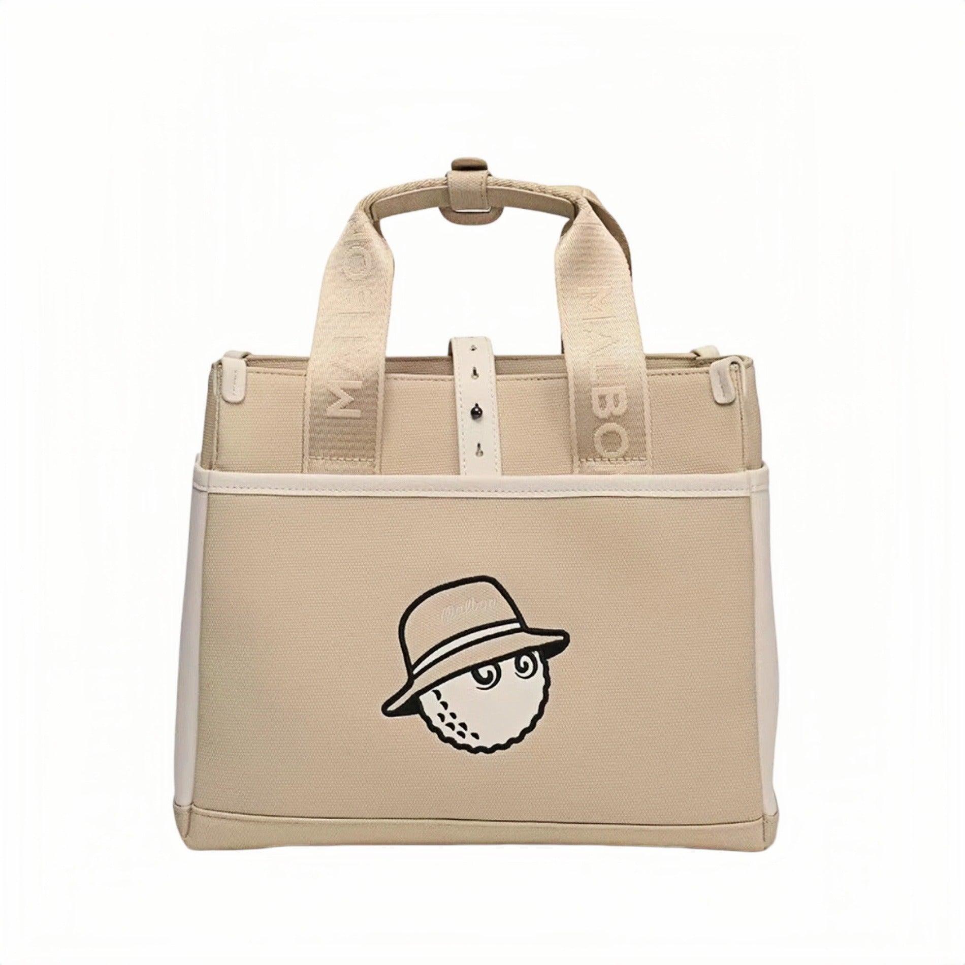 Front view of beige Malbon golf tote bag with clean design, matching handles, and embroidered golf ball mascot wearing a hat with "Malbon" text