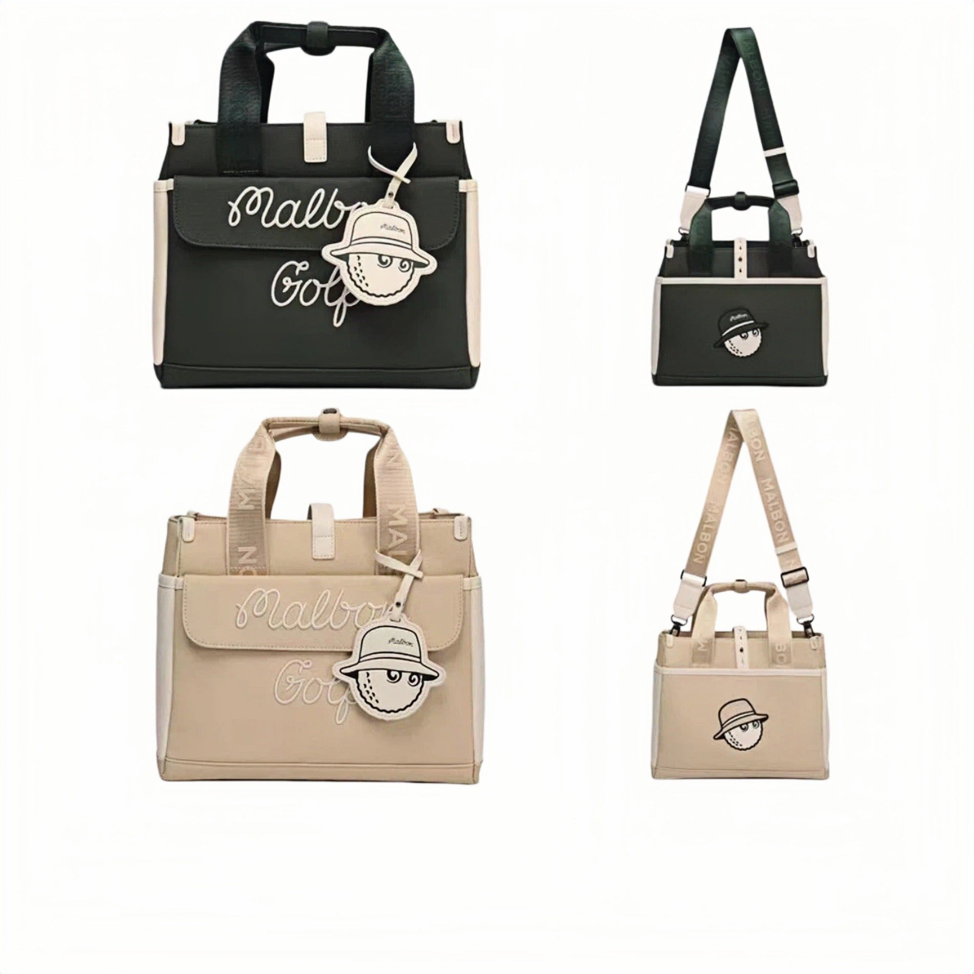  Four-view display of Malbon golf tote bags showing black and beige colorways, both handheld and crossbody carry styles, with embroidered logos, golf ball mascots, and branded shoulder straps