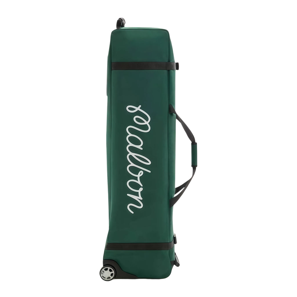  Side profile of Malbon Golf wheeled travel bag showcasing vertical cursive "Malbon" logo, durable green fabric, dual wheels, and telescopic handle
