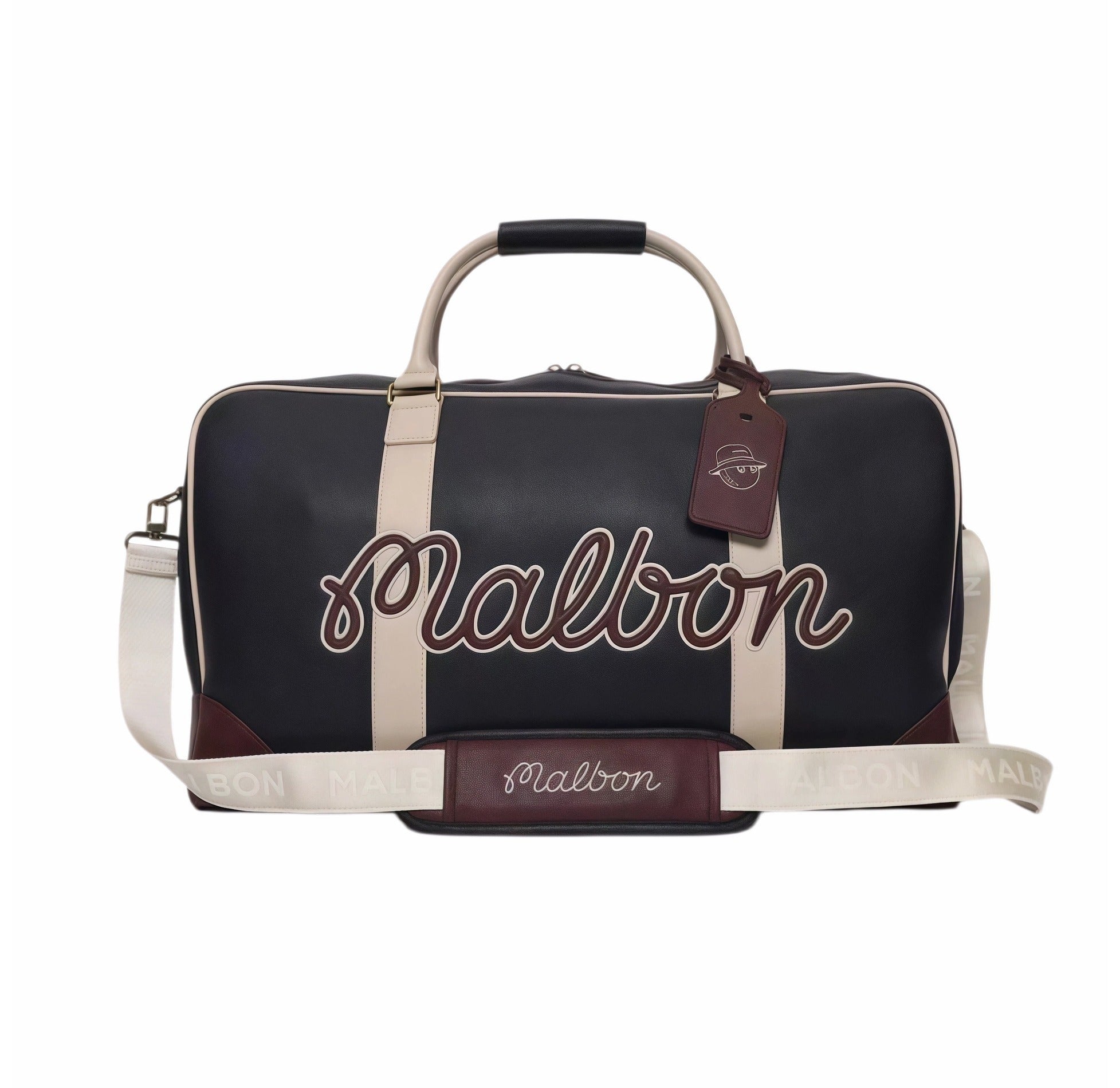 Front view of Malbon Golf two-tone duffle bag in navy blue with burgundy accents, large embroidered "Malbon" script logo, adjustable shoulder strap, and branded leather tag with mascot