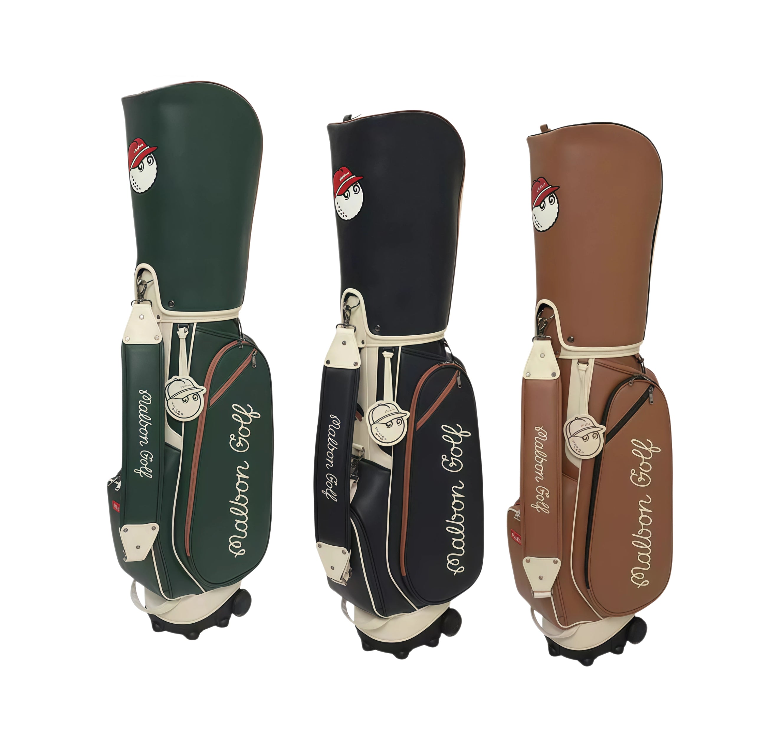 Comparison image of Malbon Golf wheeled caddie bags in three colors – dark green, black, and brown – all featuring waterproof PU leather, wheels, and cartoon golf ball logo.
