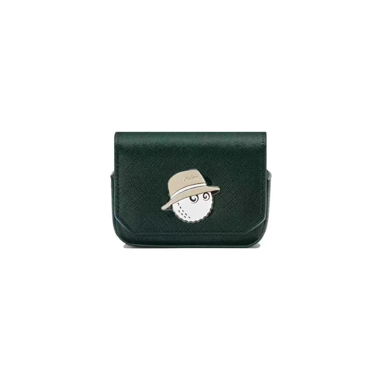 Front view of the Malbon rangefinder pouch in dark green synthetic leather featuring a playful golf ball mascot wearing a beige hat with "Malbon" embroidered. Ideal for golfers who love stylish and functional accessories.