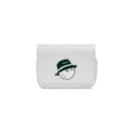 Front view of the white Malbon rangefinder pouch featuring a golf ball character wearing a green hat with "Malbon" script. Clean, modern look with premium finish and compact storage.