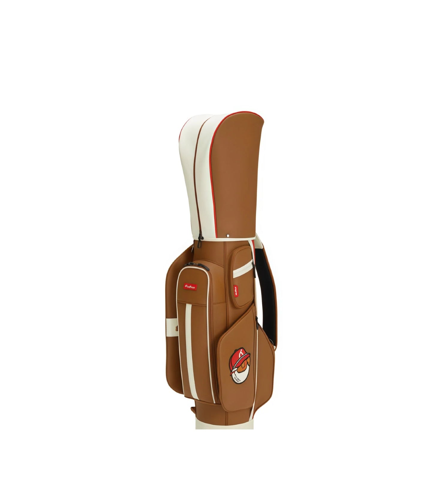Malbon rolling golf caddy bag in brown and white color scheme, with waterproof material, lightweight build, and a cute cartoon mascot patch, designed with wheels for convenient mobility on the course.