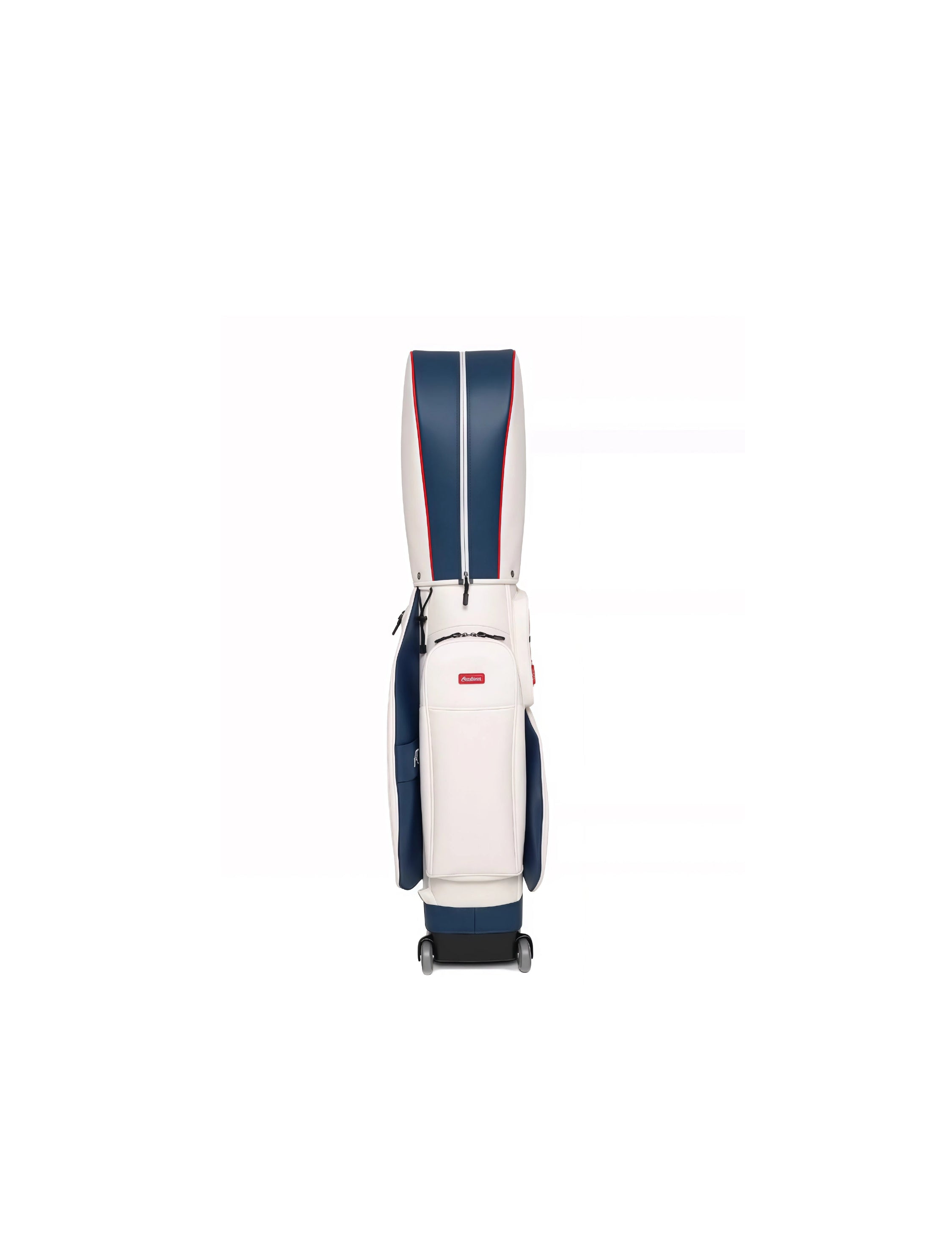 Back view of Malbon rolling golf caddy bag in white and navy, showcasing its streamlined design, wheel base for easy rolling, and waterproof lightweight construction, perfect for golfers seeking functionality and style.