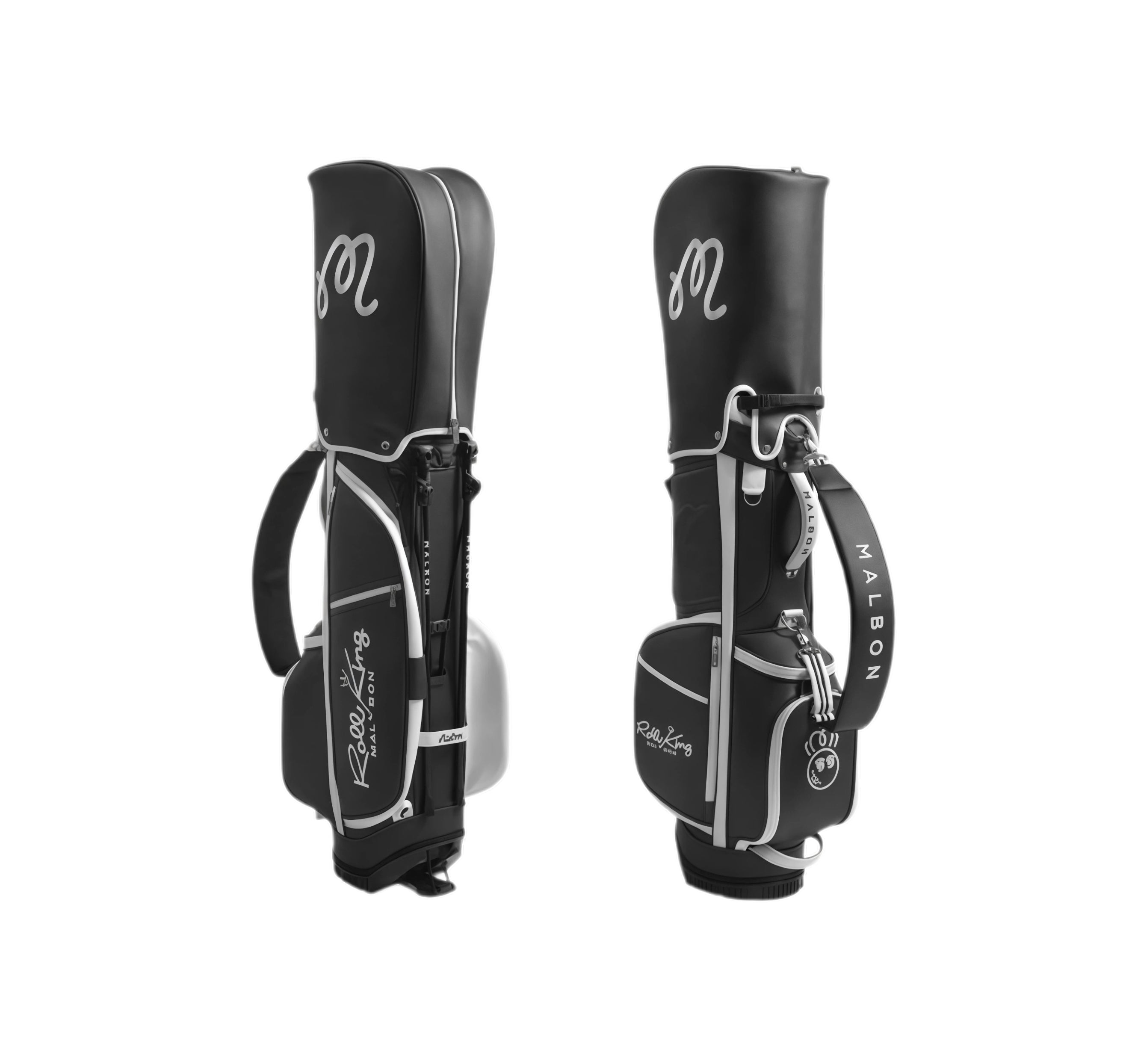 Two-angle view of Malbon Roo King golf caddie bag showing sleek black design with silver trim, brand logos, dual handles, and compact storage compartments.