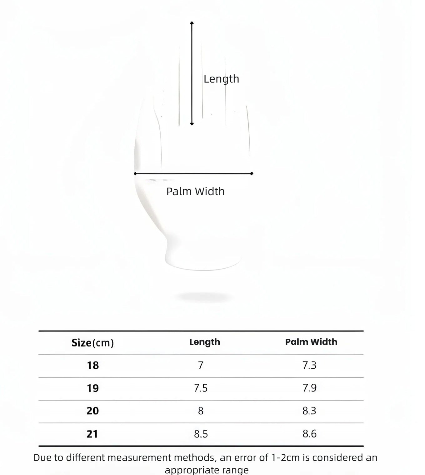Malbon women's golf glove sizing guide showing measurement instructions for length and palm width, with size chart ranging from 18cm to 21cm for accurate fit selection.