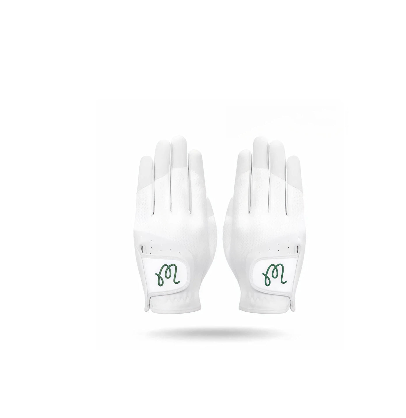 Pair of Malbon women's white golf gloves featuring durable PU material, anti-slip grip, and UV protection, designed for comfort, style, and performance on the golf course.