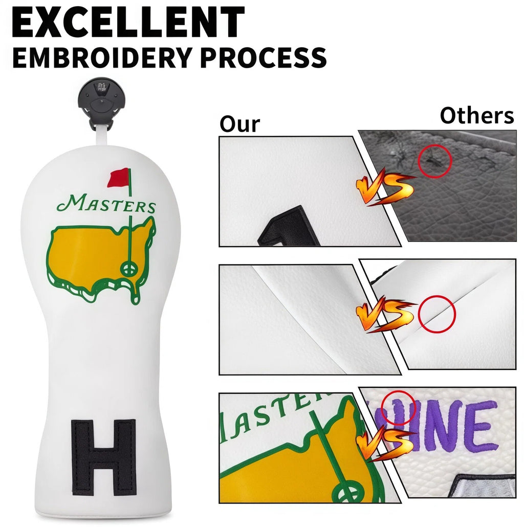 Comparison of Masters Golf Headcover quality showing excellent embroidery process versus others, highlighting durability and detail.
