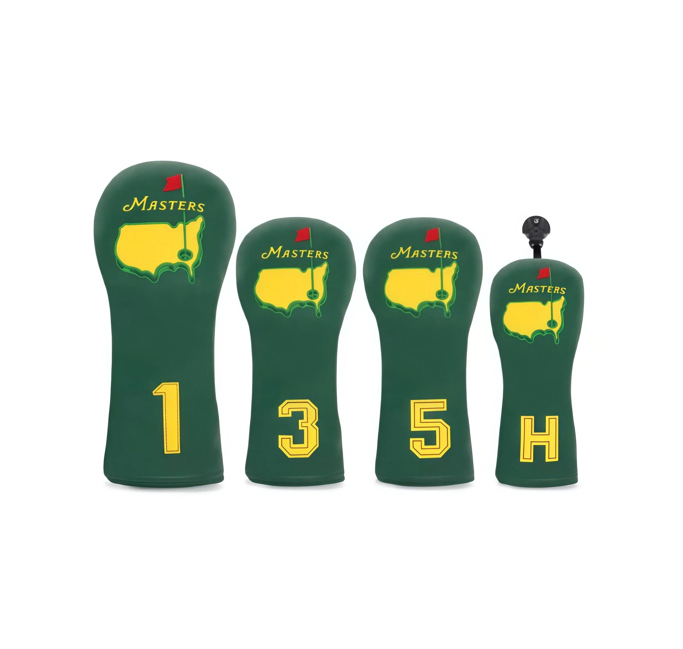 Masters Green Golf Headcover Set with yellow embroidered golf course map and "Masters" text, includes driver, fairway wood, hybrid, and putter covers, universal fit for golf clubs.