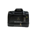 Front view of the Mercedes-Benz Carbon Fiber Texture Golf Boston Bag in black with silver accents. Includes a chrome logo, embossed brand name, and secure zippers. Perfect for luxury golf enthusiasts.