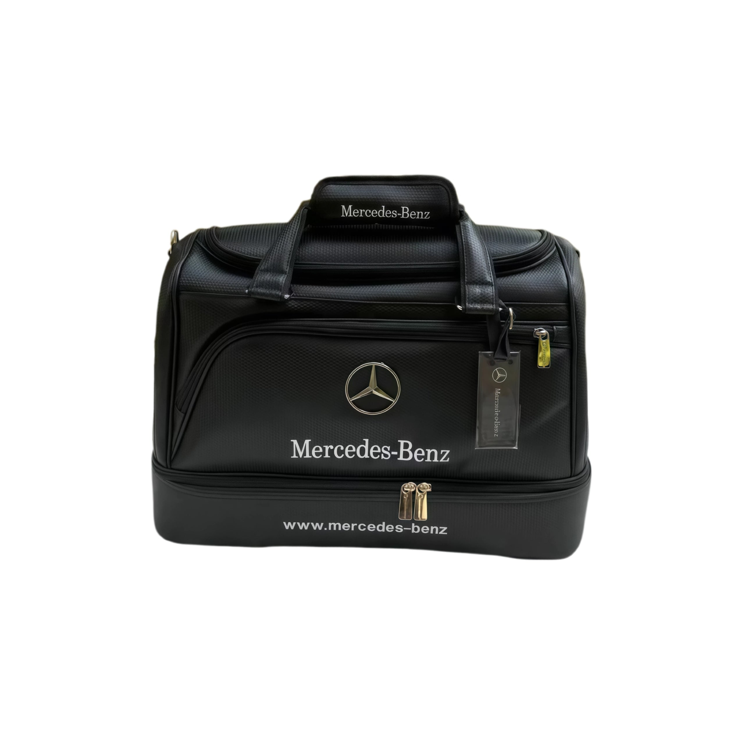 Front view of the Mercedes-Benz Carbon Fiber Texture Golf Boston Bag in black with silver accents. Includes a chrome logo, embossed brand name, and secure zippers. Perfect for luxury golf enthusiasts.