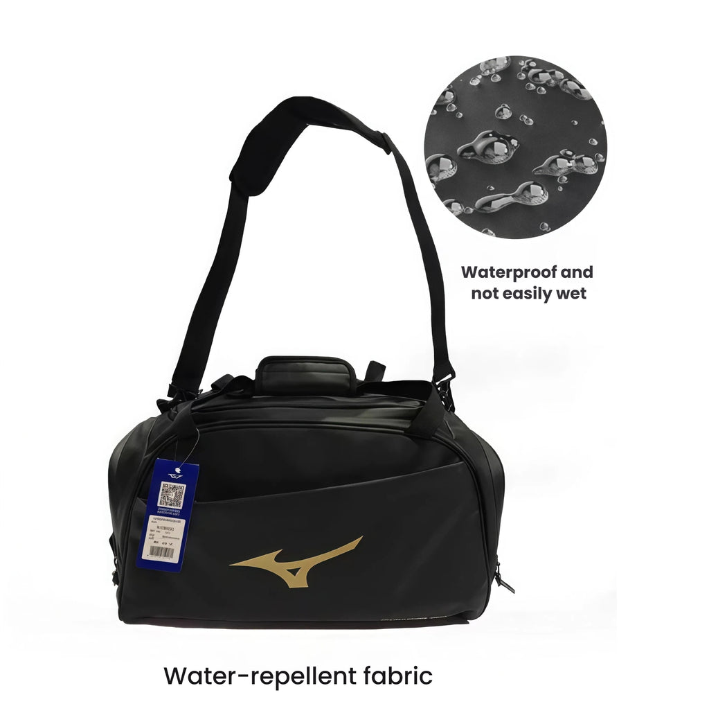Visual demonstration of the Mizuno 39L Black Duffel Bag’s water-repellent fabric technology — close-up inset shows water droplets beading up on surface instead of soaking in, ensuring contents stay dry in rain or wet environments.