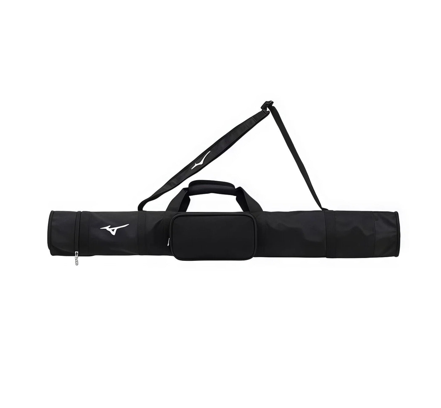 Front view of black Mizuno golf travel cover featuring a zippered front pocket, white Runbird logo on side, and padded top handle for carrying comfort.