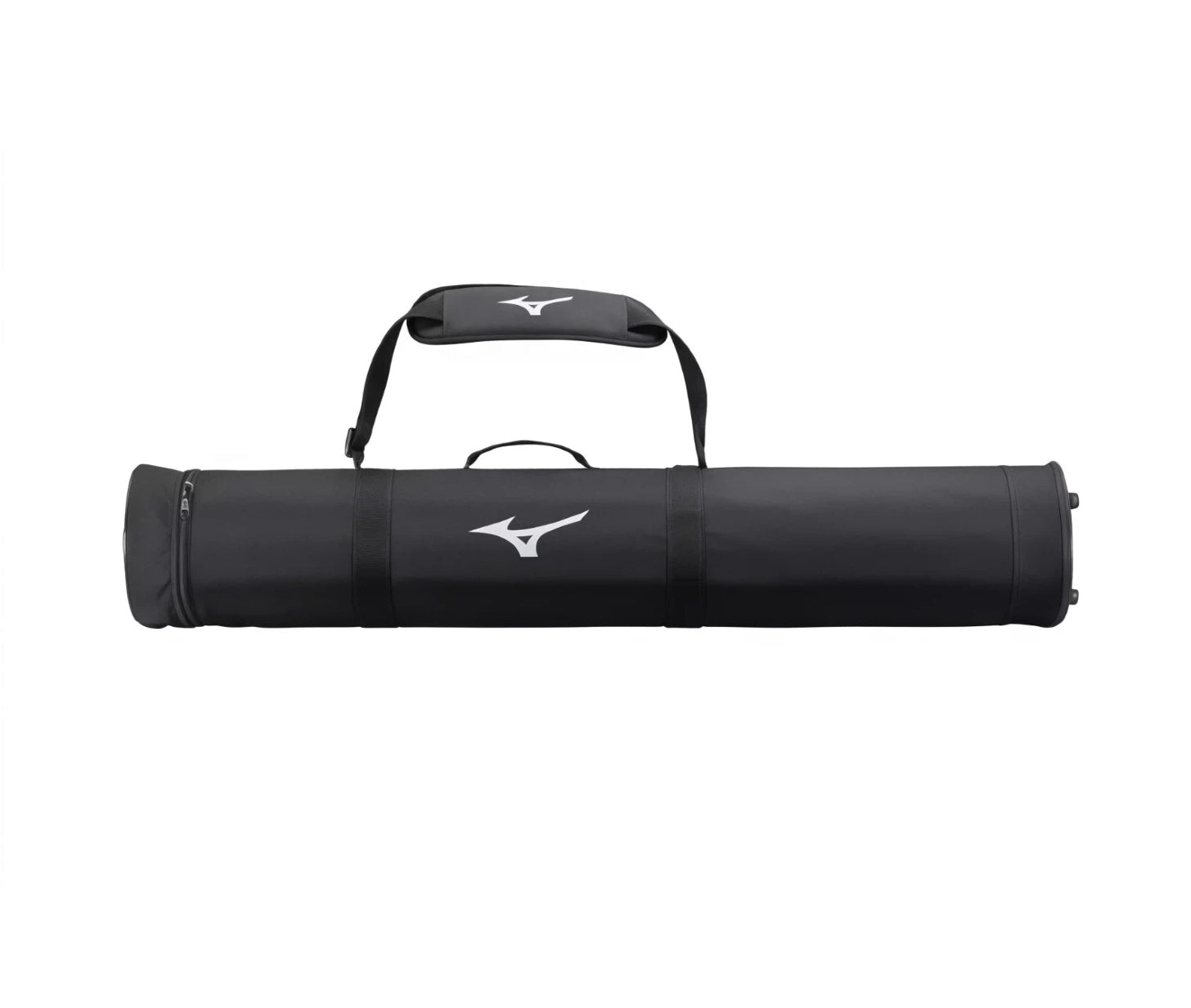 Top-down perspective of Mizuno golf travel cover showcasing ergonomic padded carry handle with branded grip, dual compression straps, and sleek black finish.
