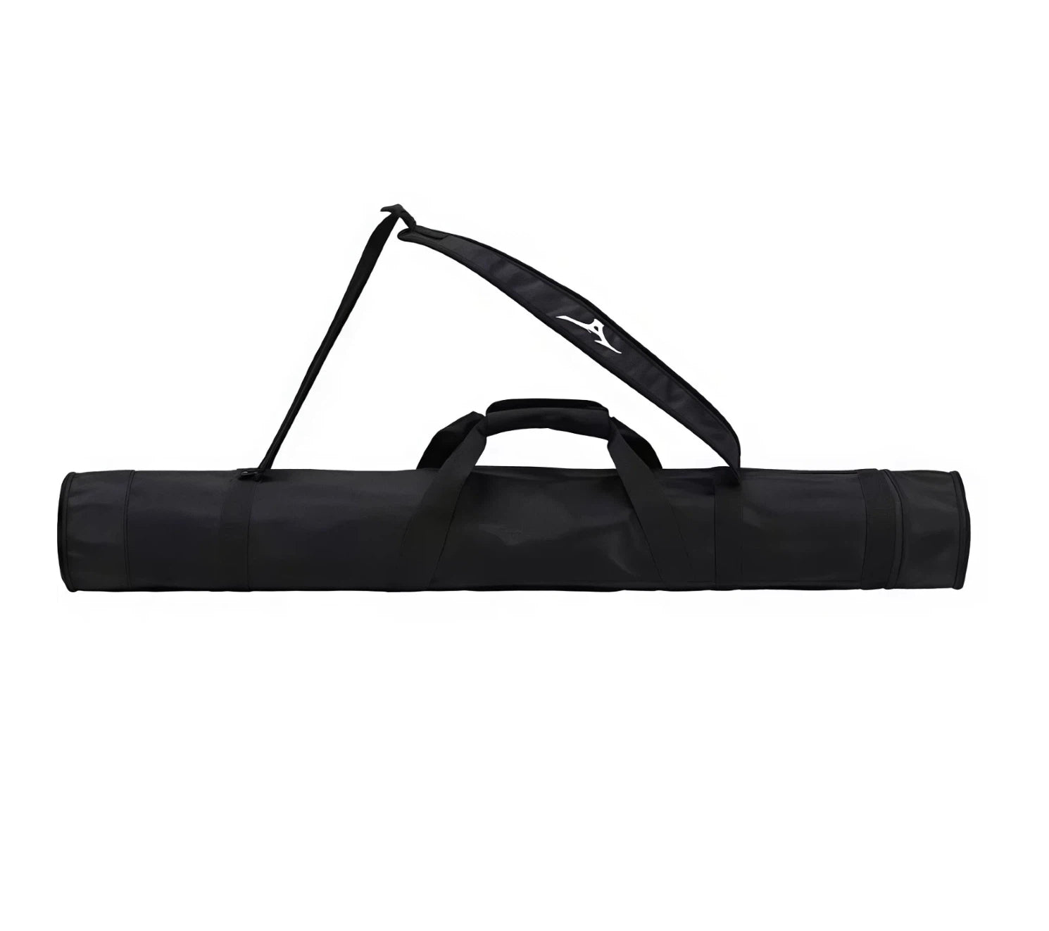 Black Mizuno golf travel cover lying horizontally with adjustable shoulder strap attached, showing durable fabric and compact cylindrical design for easy transport.
