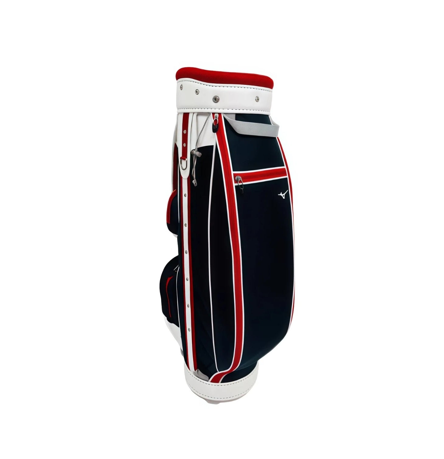 Alternate side angle of the Mizuno Heritage Cart Bag emphasizing balanced proportions, matching pocket placement, consistent red-white-navy striping, and timeless aesthetic inspired by classic golf heritage styles.
