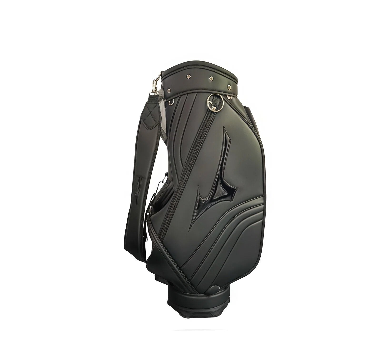 Top-down perspective of the Mizuno Pro Cart Bag with hood fully closed, showing secure snap-button closure, clean lines, and weather-resistant design to protect clubs from rain or dust.
