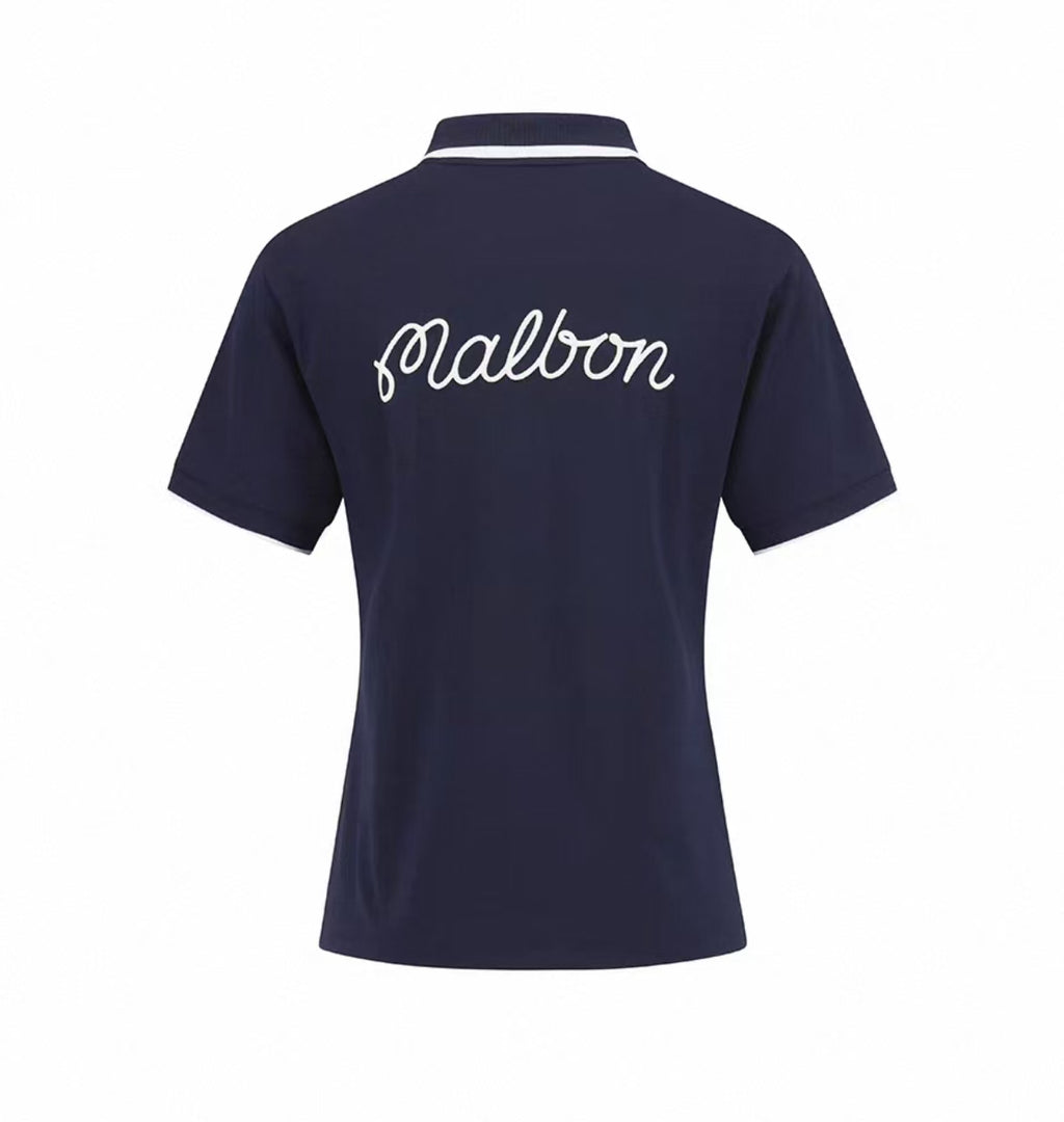 Malbon Women's Slim Fit Stretch Polo Shirt Navy Blue stretch golf polo front view