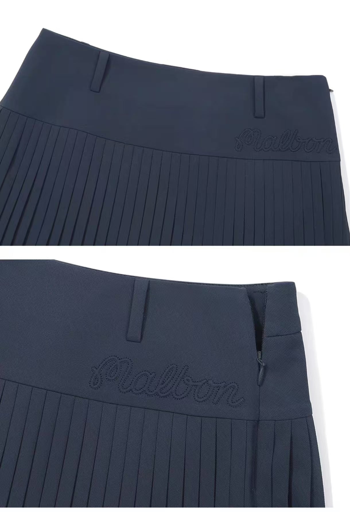Malbon Studio Seoul Wrap Pleated Skirt Navy Blue pleated golf skirt detail view