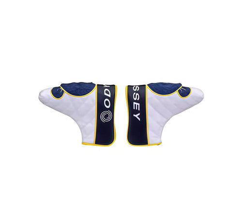 Navy blue and yellow Odyssey teddy bear putter headcover by Callaway – features plush navy ear accents, gold trim, quilted white body, and bold “ODYSSEY” lettering — stylish protection for blade-style putters