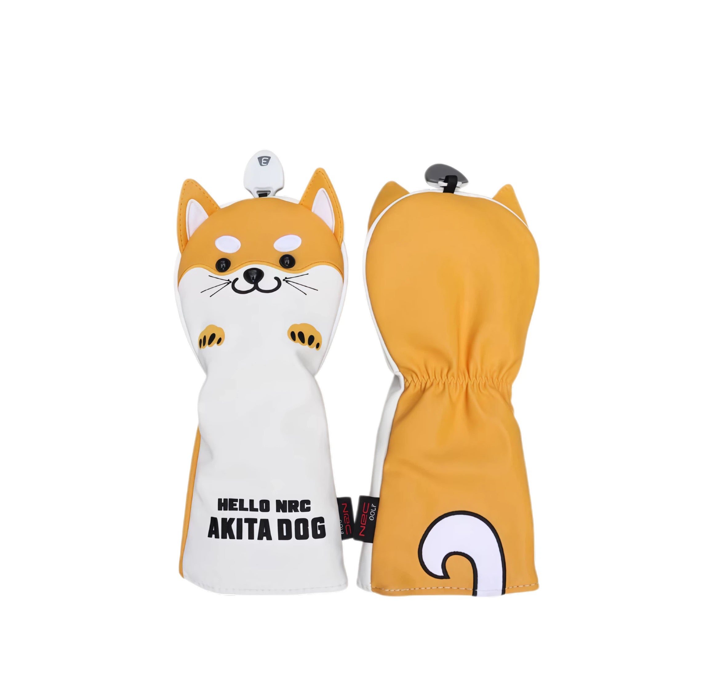 Front and back view of an orange Akita Inu golf headcover with a smiling dog face, paw prints, and a curled white tail on the reverse side — designed for driver or fairway wood protection with waterproof fabric and “HELLO NRC AKITA DOG” text.