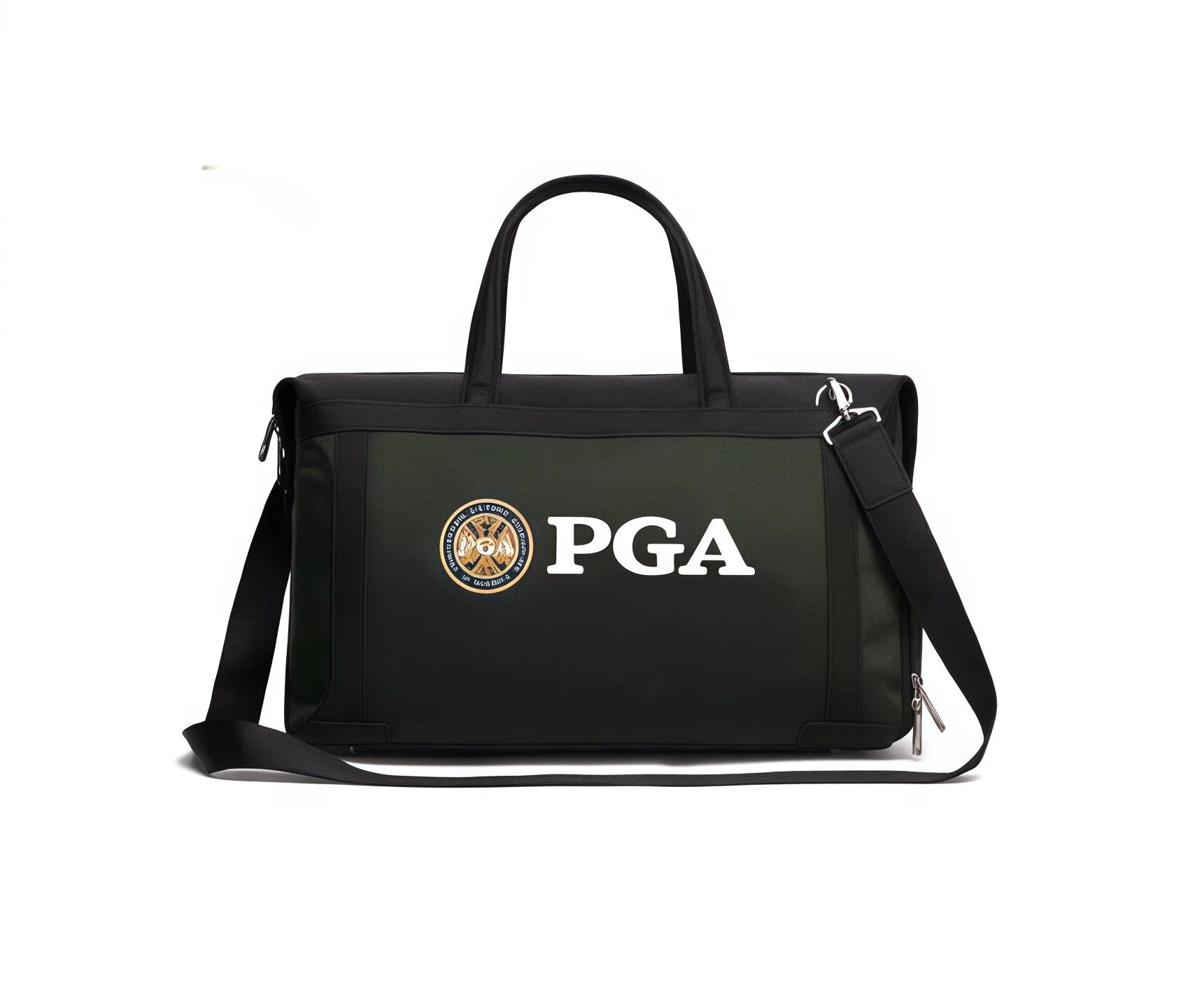 Front view of the PGA Official Golf Duffel Bag showcasing the prominent white "PGA" logo and circular emblem. Ideal for golf fans and professionals seeking authentic PGA gear.
