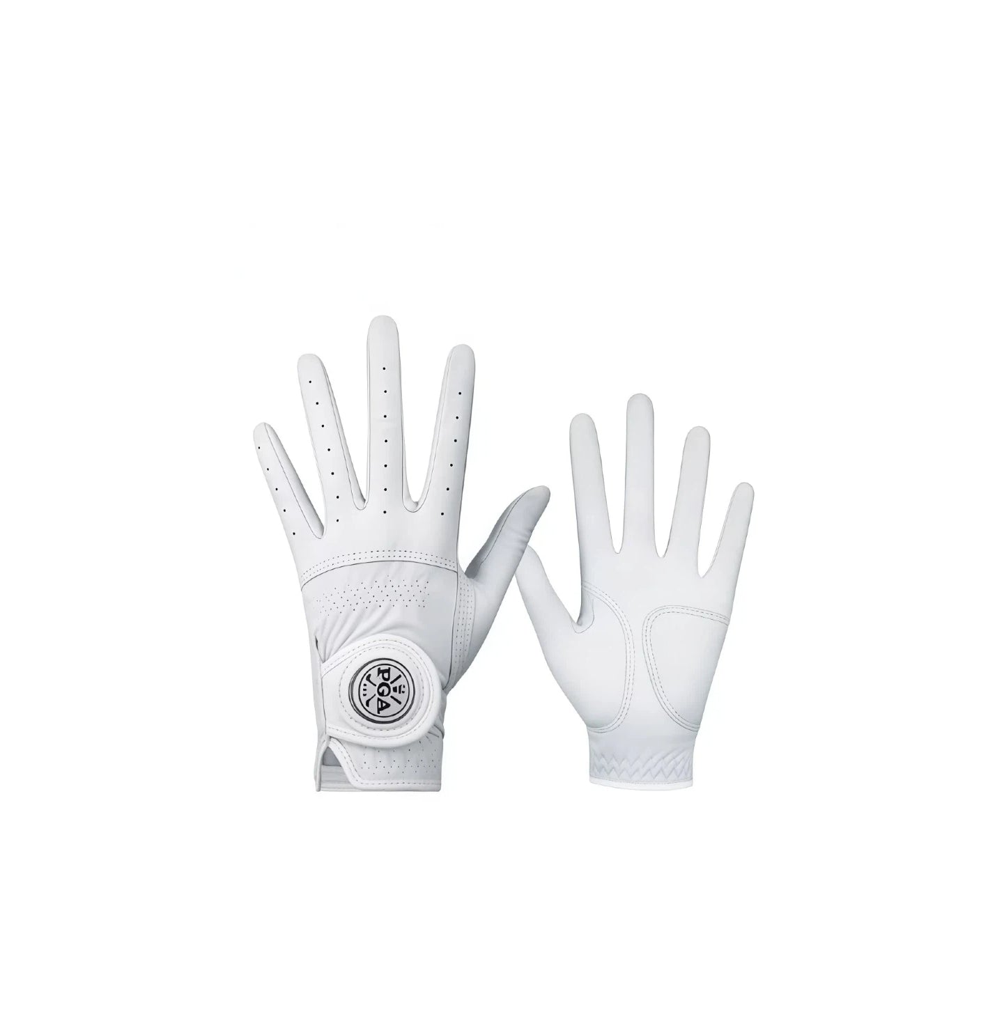 Detailed view of PGA women's golf gloves showing the genuine leather palm with reinforced stitching and the breathable back-of-hand design, highlighting the adjustable velcro closure and comfortable fit.