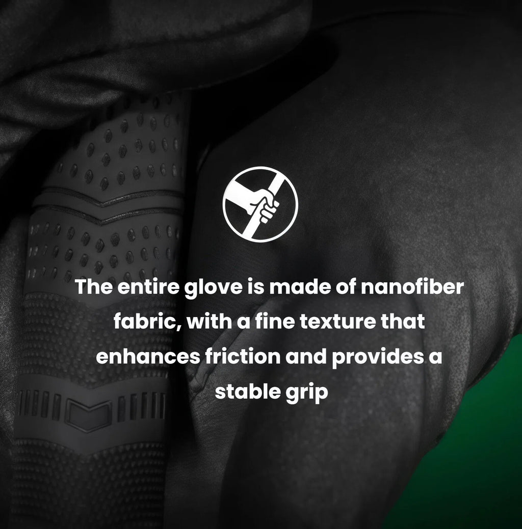 A detailed view of the PGM glove's palm, made entirely of nanofiber fabric. This fine-textured material enhances friction for a stable, non-slip grip on the golf club, even in rainy conditions.