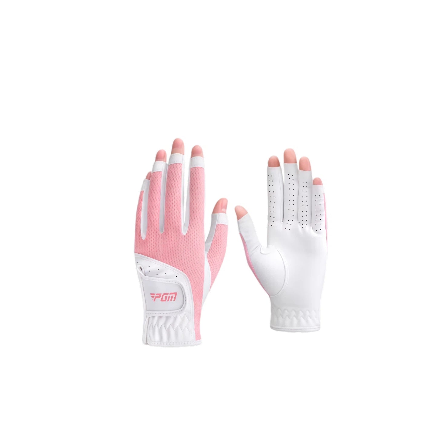 A pair of PGM women's fingerless golf gloves in pink and white. The image displays the front and back, highlighting the breathable mesh fabric on the backhand and the textured, anti-slip palm for a secure grip.