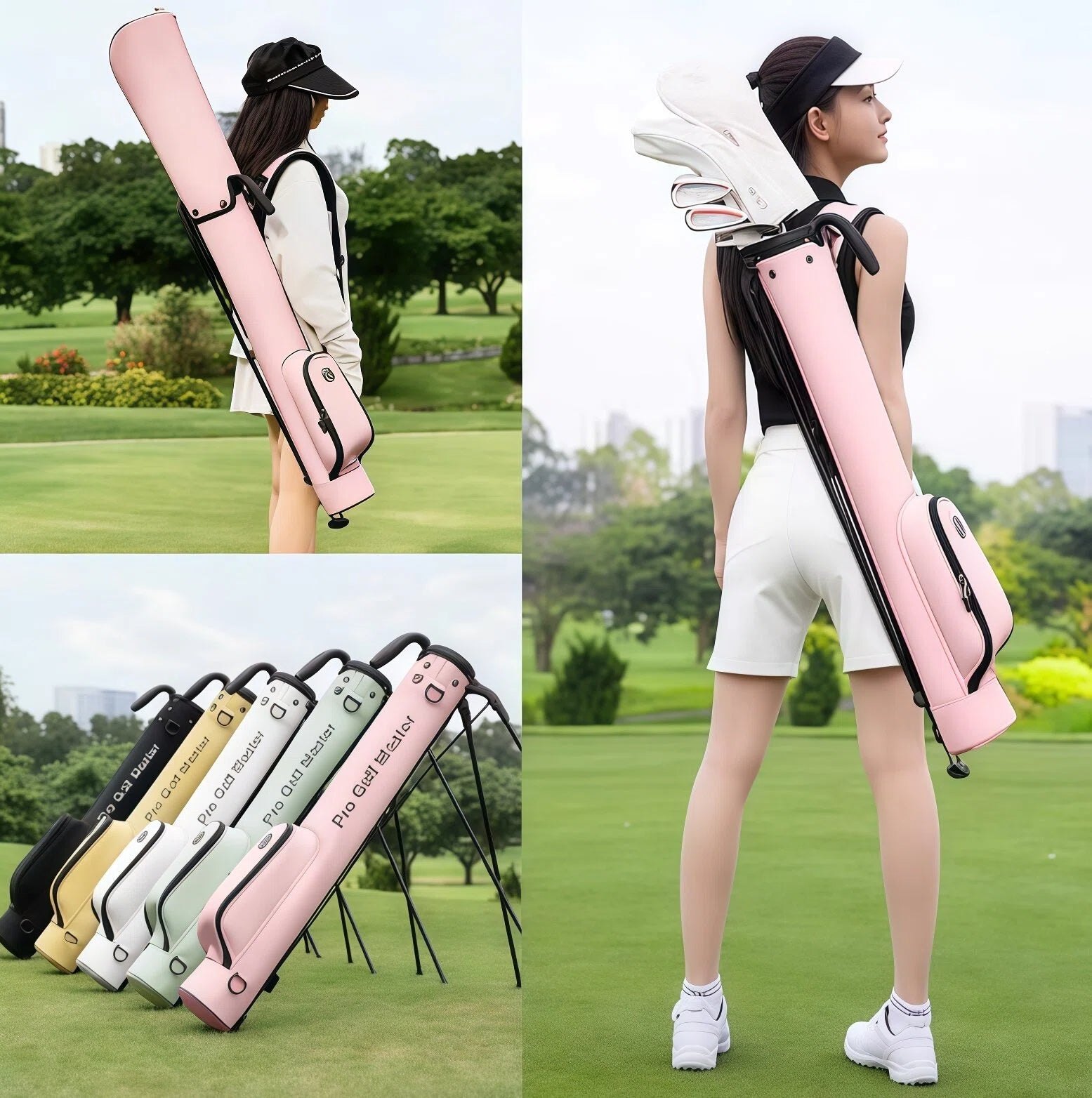 Women wearing PGM pink golf bag while walking on a lush green golf course. Shows real-life use, comfort, and style of the ultra-light stand bag.