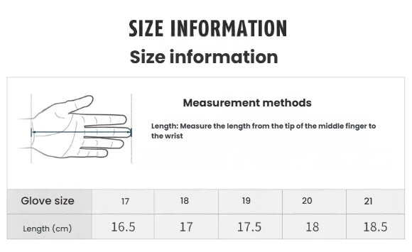 Size information chart for PGM women's golf gloves. The guide illustrates how to measure hand length from the tip of the middle finger to the wrist to find the correct glove size from 17 to 21.