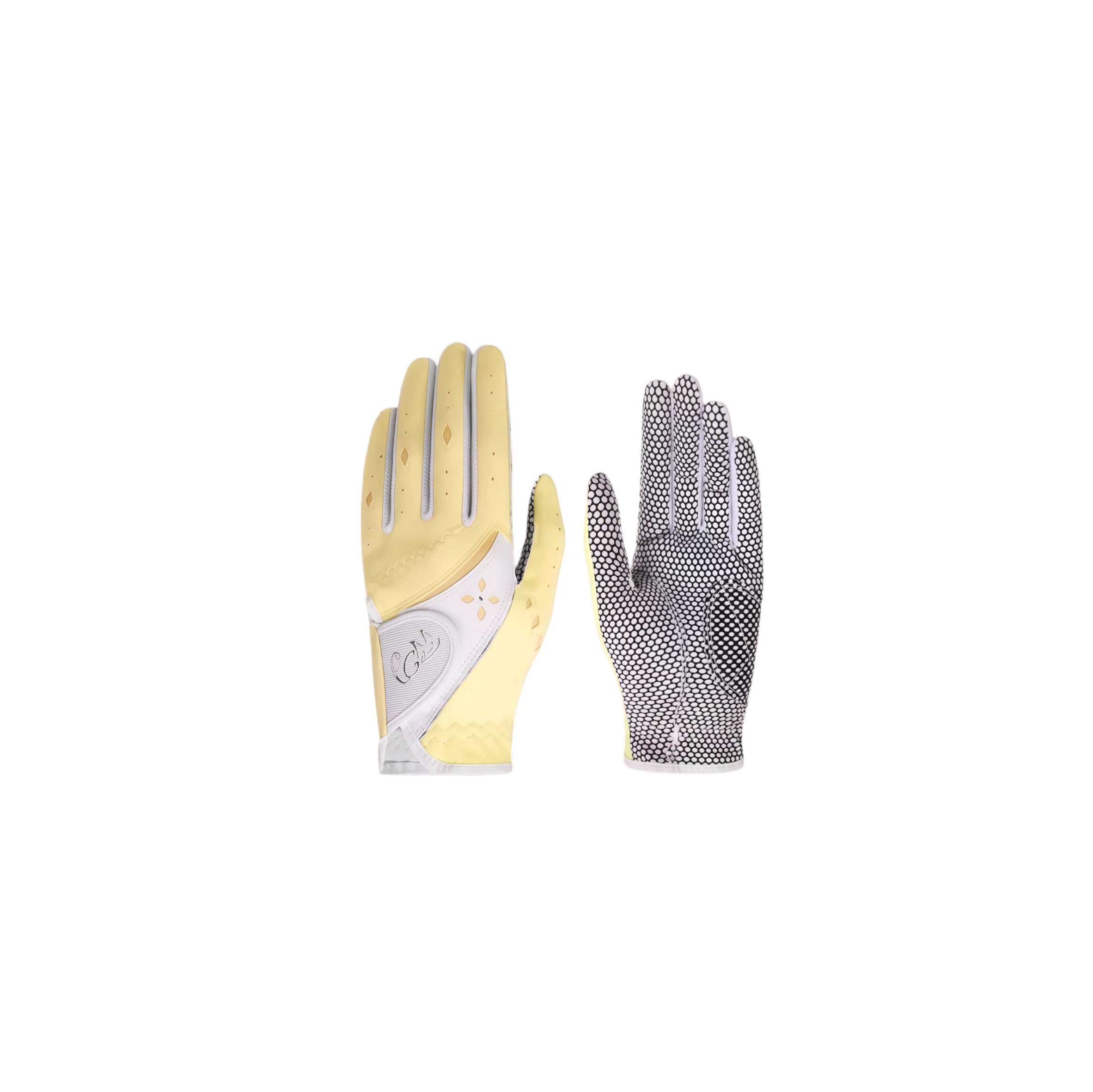 A pair of PGM women's summer golf gloves in yellow and white. Designed for sun protection, these lightweight gloves offer a comfortable fit with a textured palm for reliable anti-slip performance.