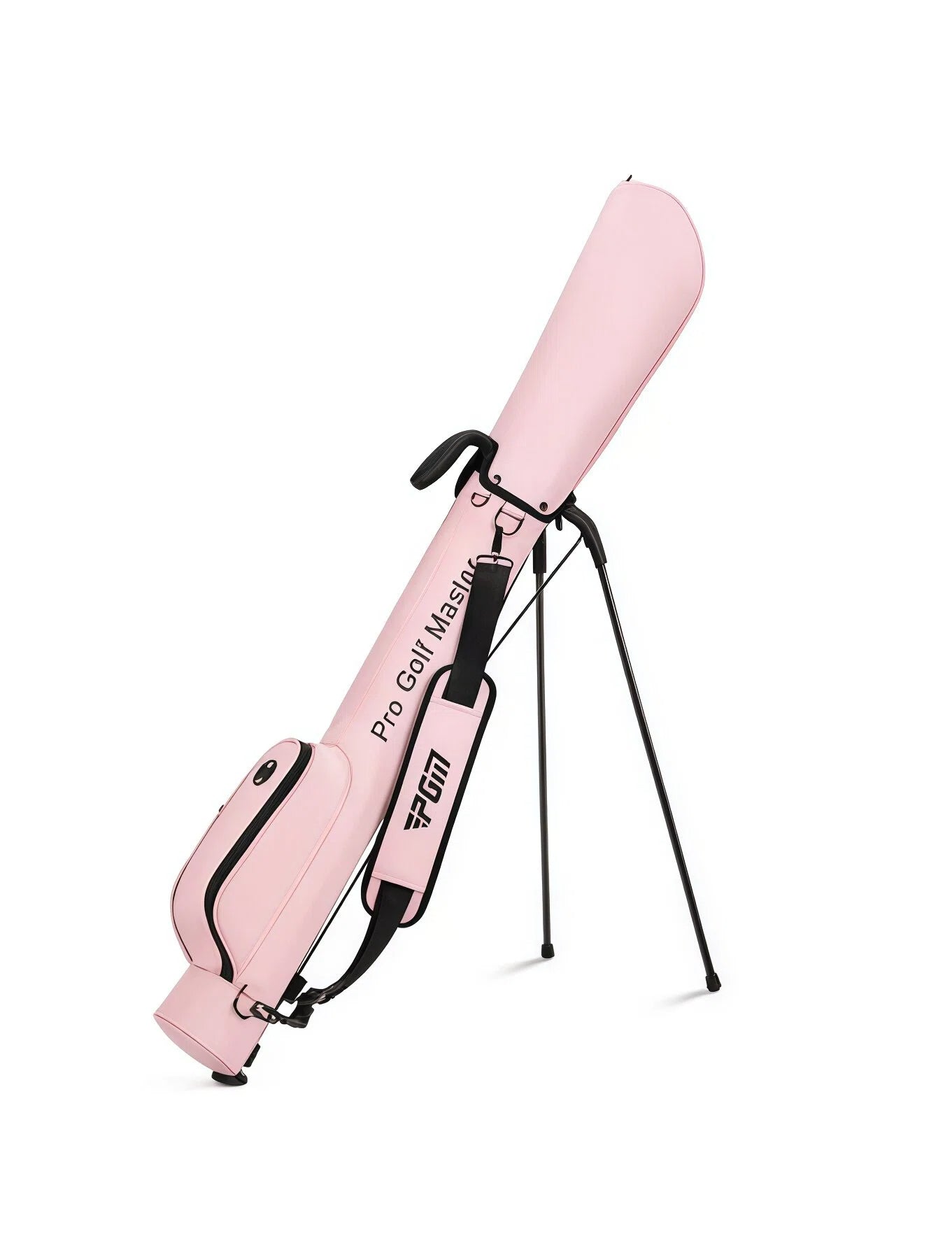 Pink PGM women’s ultra-light stand golf bag with built-in tripod legs, standing upright on a clean background. Features brand logo "Pro Golf Master" and adjustable shoulder strap.
