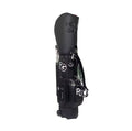 Black PG Smiley golf trolley bag made from waterproof PU material. Features "PG" logo, smiley face badge, multiple zippered pockets, and built-in wheels for easy transport. Ideal for men and women.
