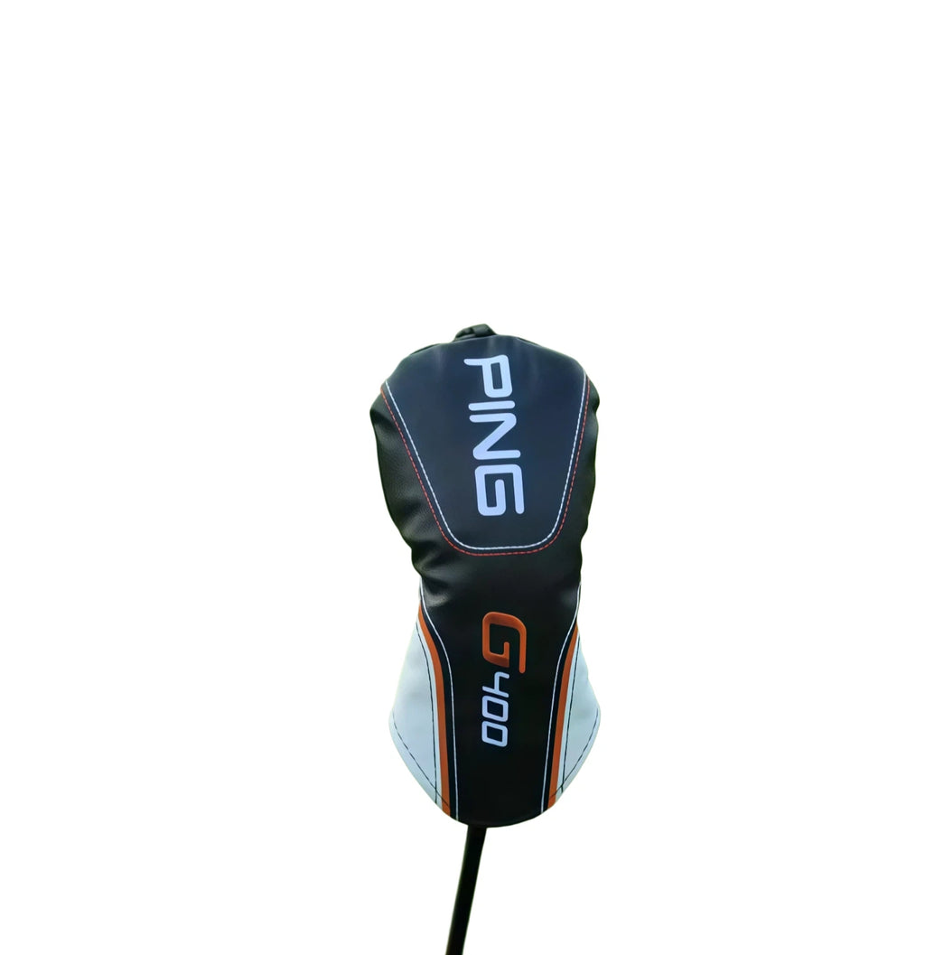 Side view of PING G400 fairway wood headcover featuring G400 logo and black body with orange and white accents, designed for durable protection and stylish look.