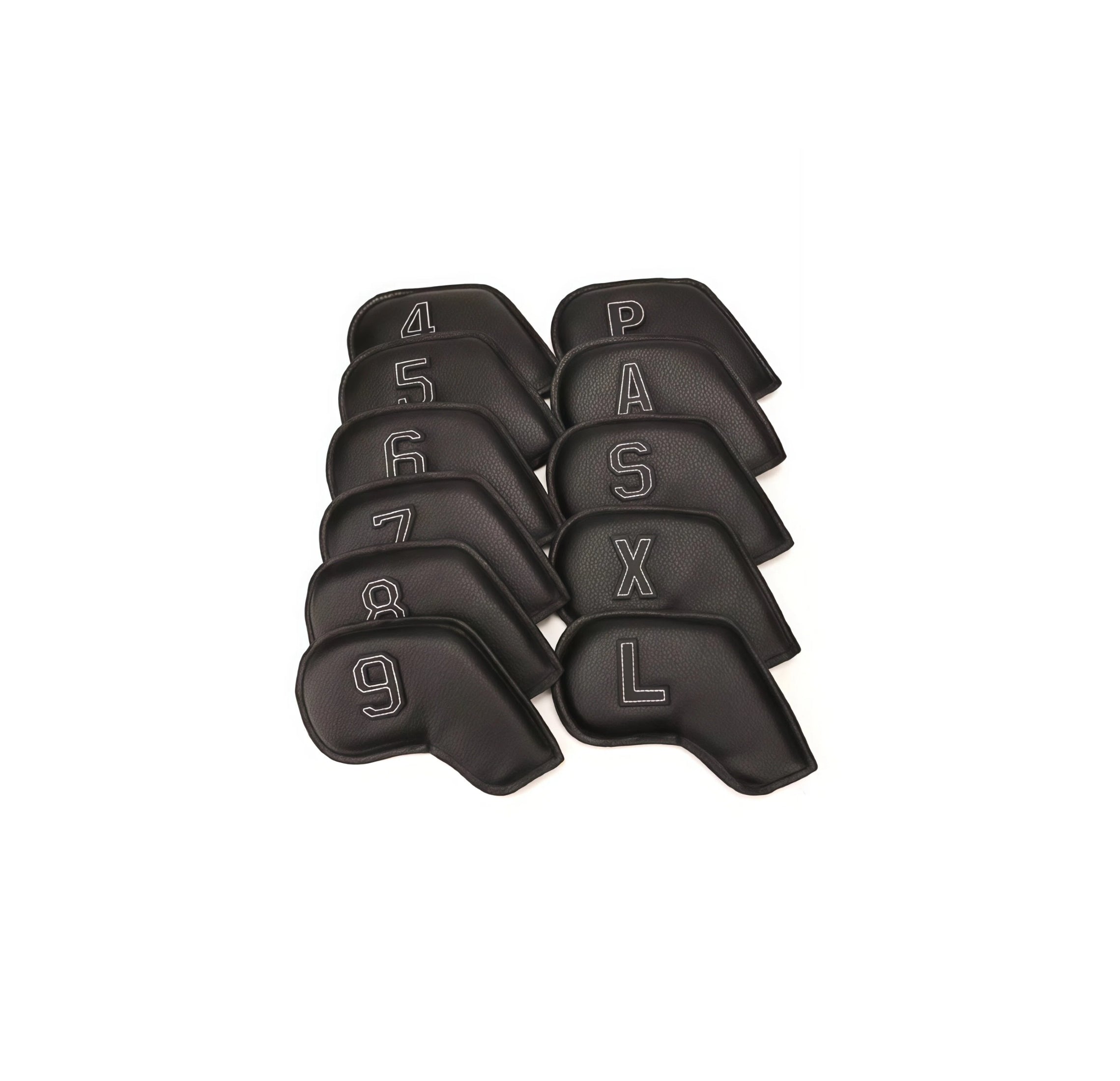 Black textured PU golf iron covers featuring white stitched numbering (4,5,6,7,8,9,P,A,S,X,L) — double-sided design ensures easy club identification; oil-sealed edges prevent fraying and enhance longevity