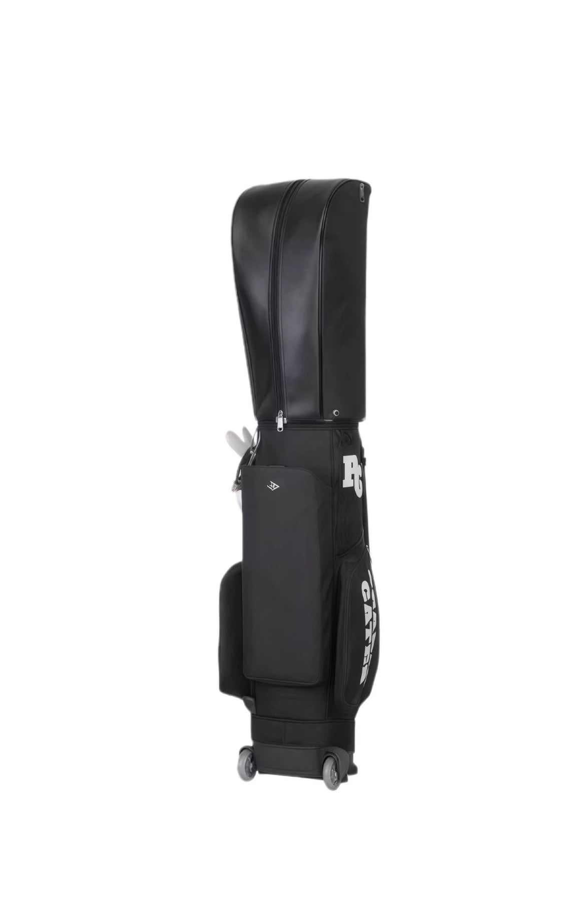  Back view of black Pearly Gates golf stand bag, emphasizing its robust wheel base, ergonomic handle, and spacious compartments, designed to enhance the golfing experience with ease and style.