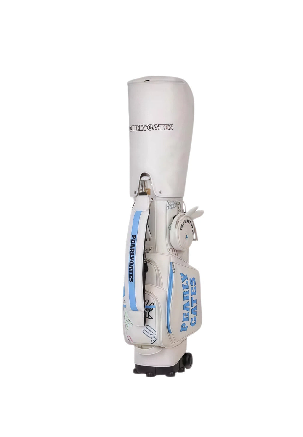 White Pearly Gates golf stand bag with blue accents, featuring lightweight design, large capacity, and wheels for easy transport, ideal for golfers seeking both style and functionality.