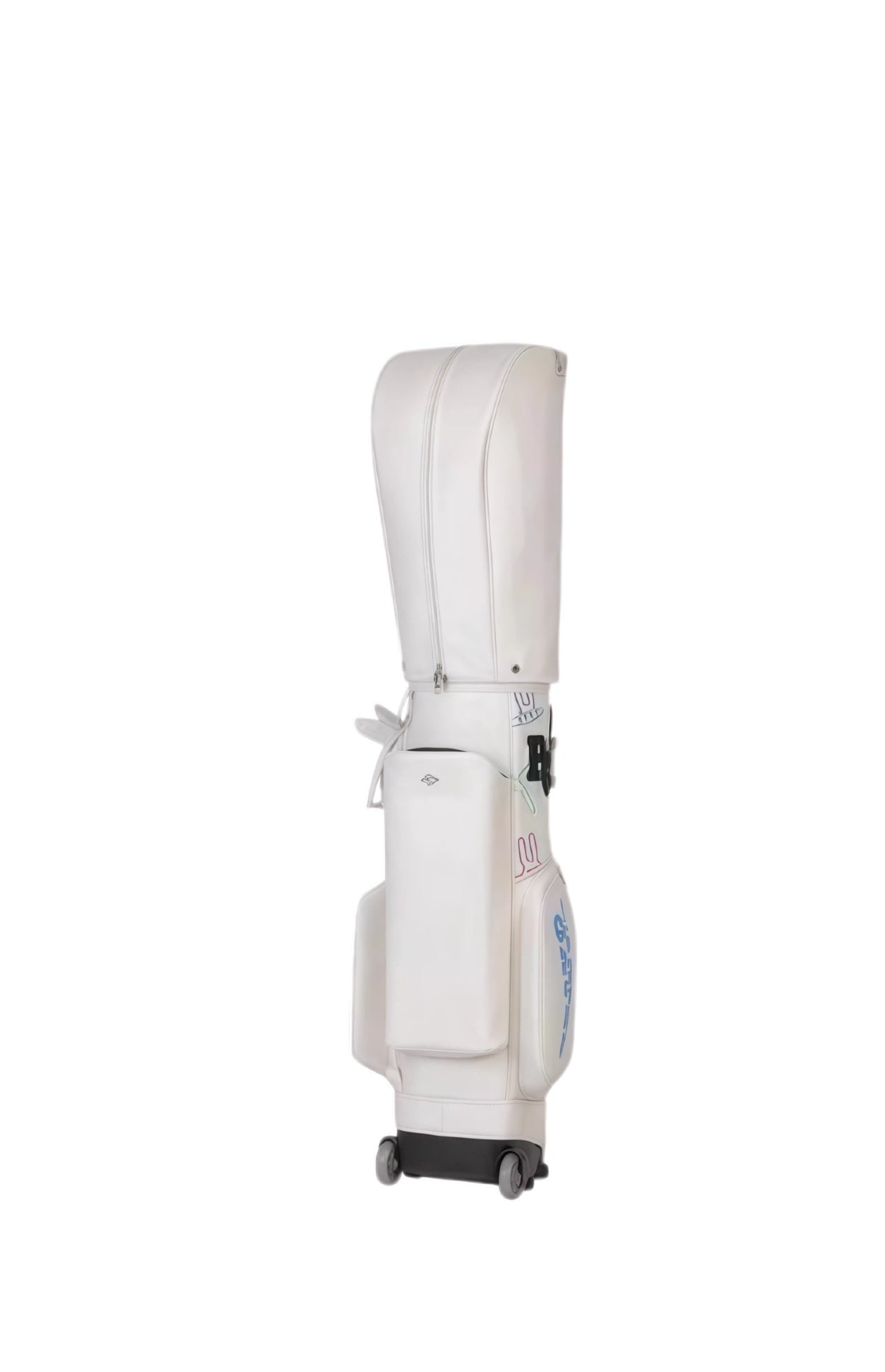 Side view of white Pearly Gates golf stand bag, showcasing its sleek design, multiple storage pockets, and durable wheels, perfect for carrying golf clubs and accessories on the course.