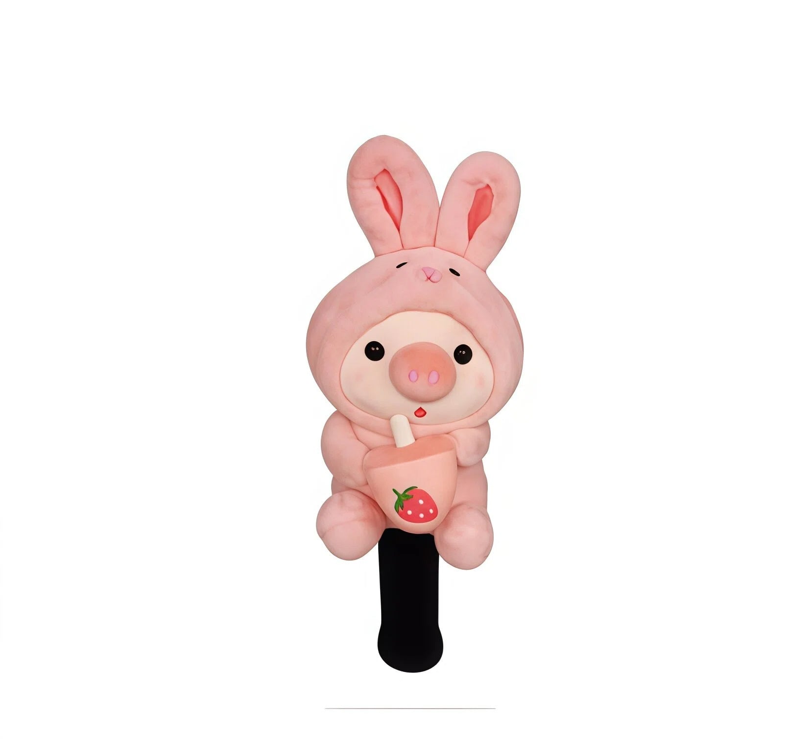 Close-up of a soft pink plush golf headcover showing a cartoon pig dressed in a bunny outfit, holding a strawberry-themed drink cup, ideal for hybrid or fairway wood clubs.