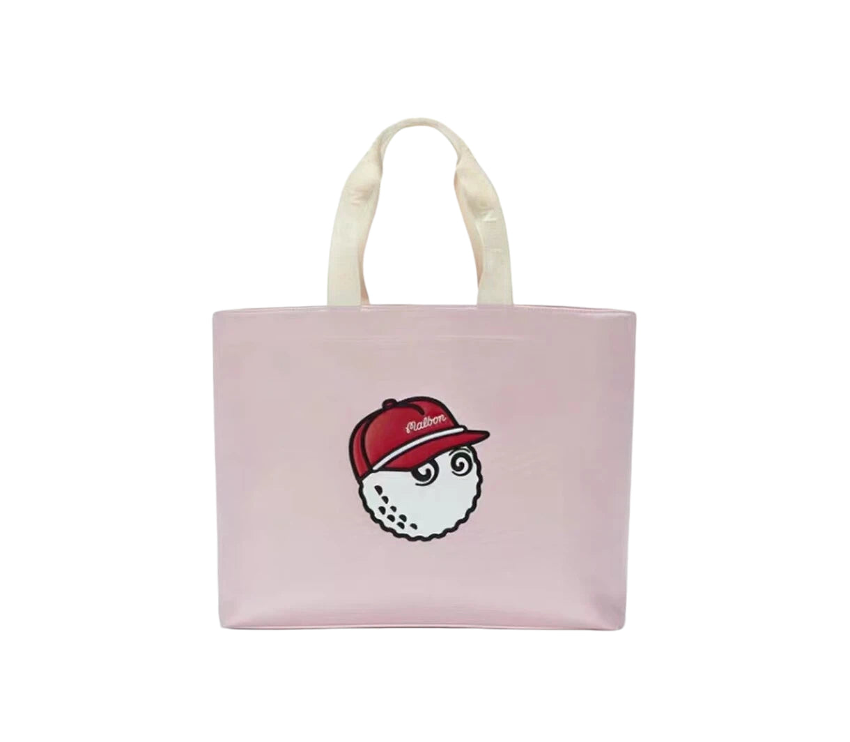 Light pink Malbon Golf tote bag with playful cartoon golf ball wearing a red cap, fun and functional design for golf enthusiasts and casual use.