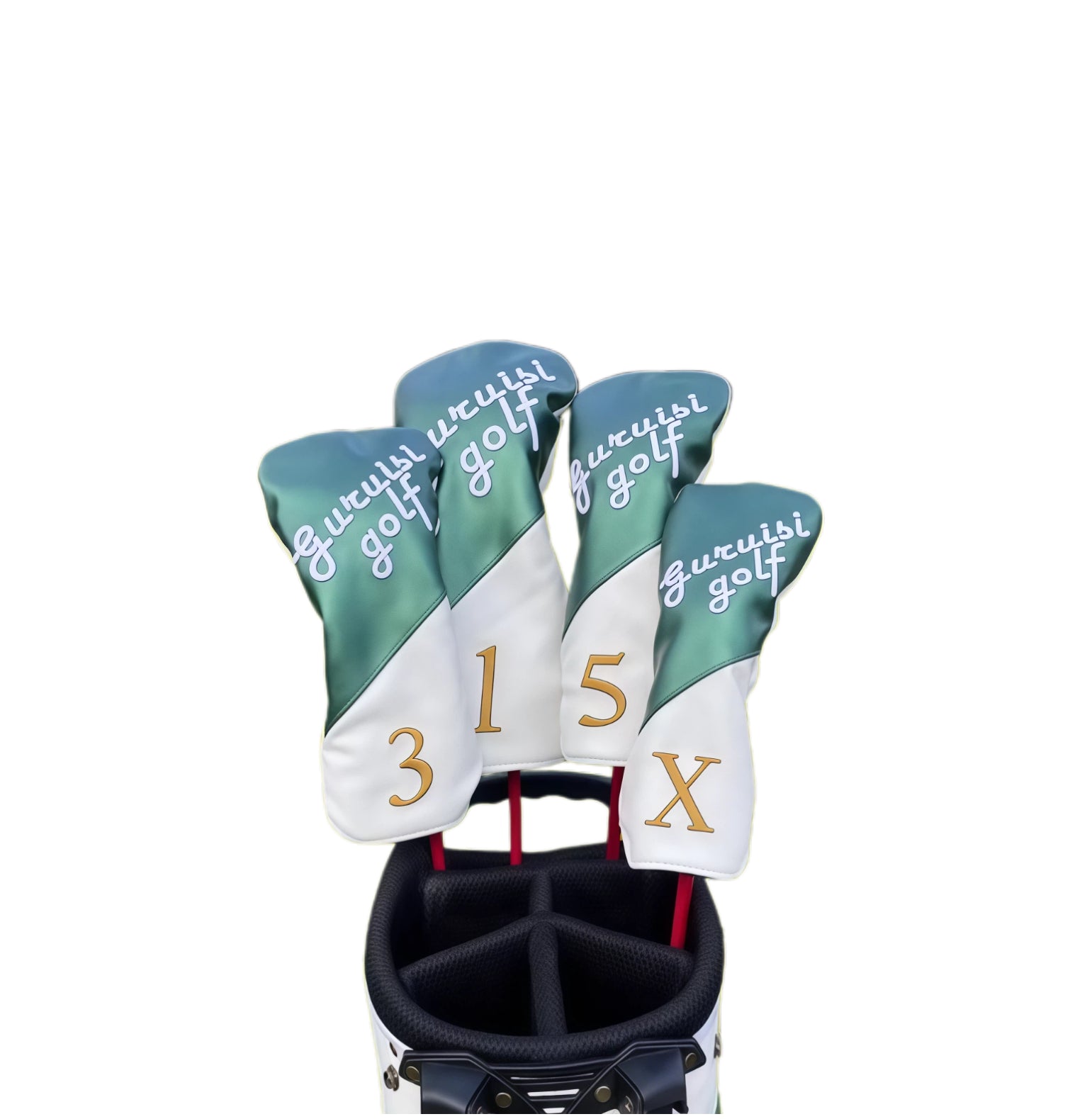 Premium matte golf headcovers set featuring 1, 3, 5, and hybrid covers with Guruisi golf branding and green-white color scheme, offering durable protection for golf clubs.