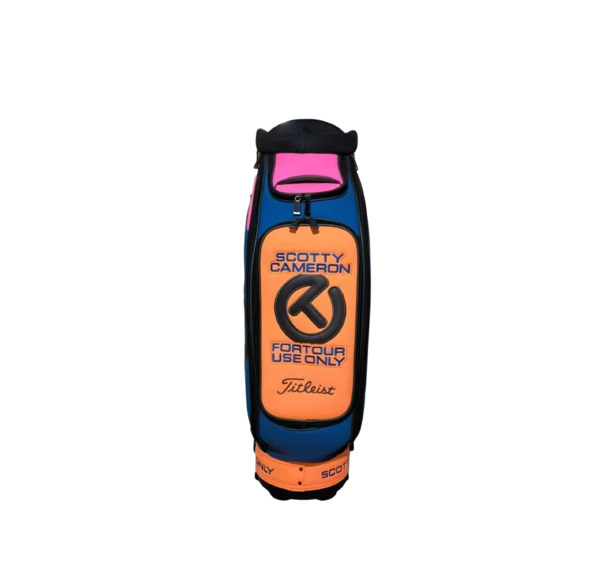  Top-down view of the Scotty Cameron 2023 Tour Bag, revealing the black interior lining and the orange trim around the opening, with the Circle T logo visible on the top cap.