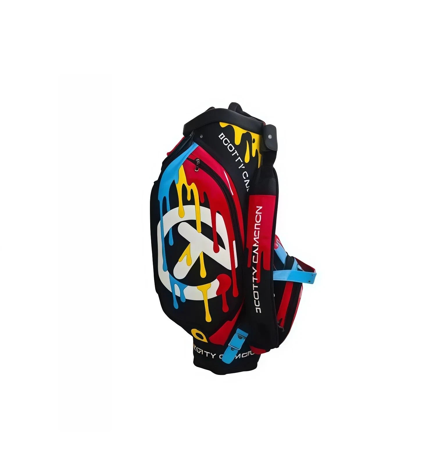 An angled side view of the Scotty Cameron 2025 Paint Drip Tour Bag, showcasing the dynamic paint drip artwork, the padded "SCOTTY CAMERON" shoulder strap, and the glossy, high-quality finish of the bag.