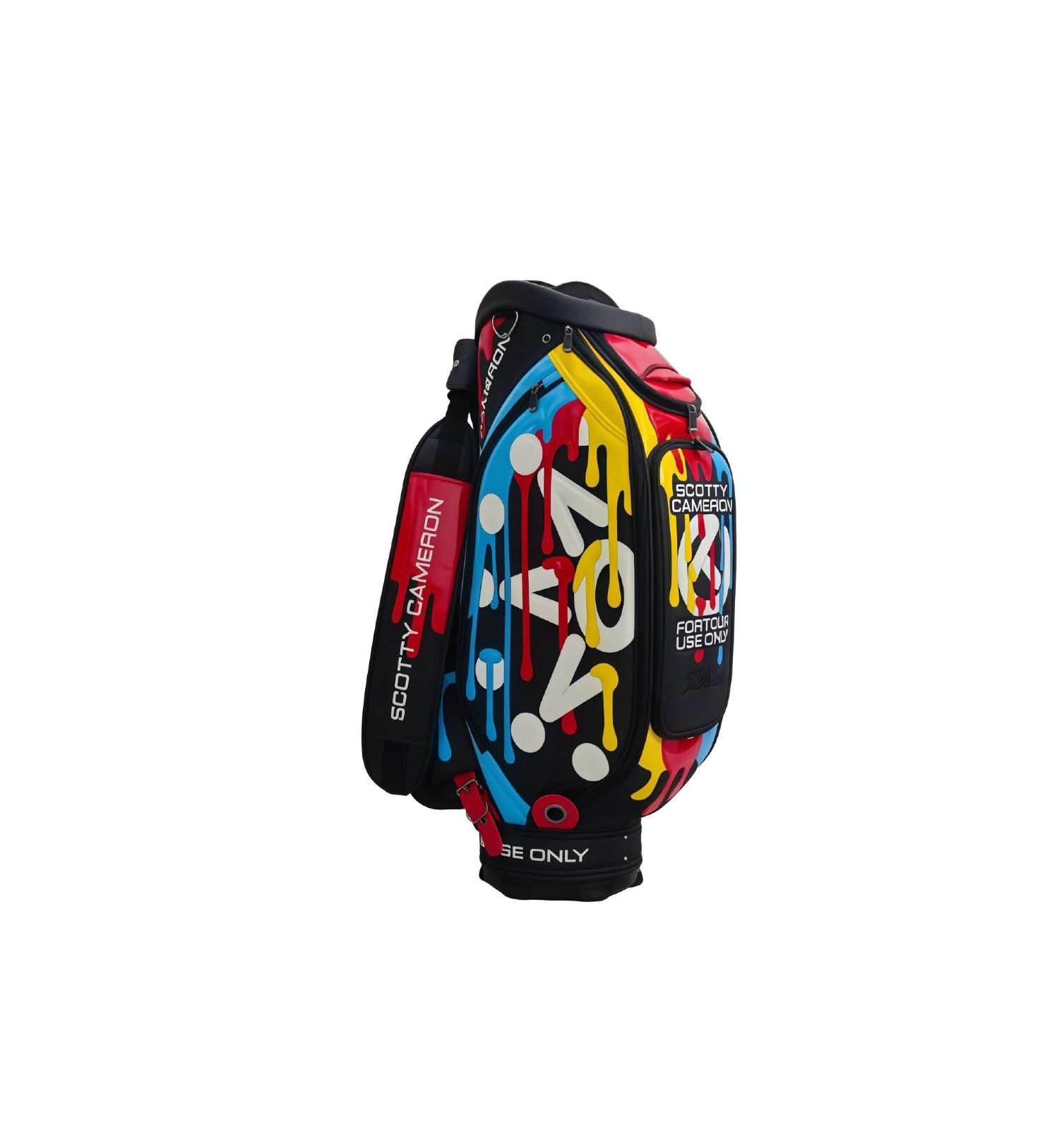 Side profile of the Scotty Cameron 2025 Paint Drip Tour Bag. The image highlights the "SCOTTY CAMERON" branding, the signature paint drip pattern, and the exclusive "FOR TOUR USE ONLY" patch on the side pocket.